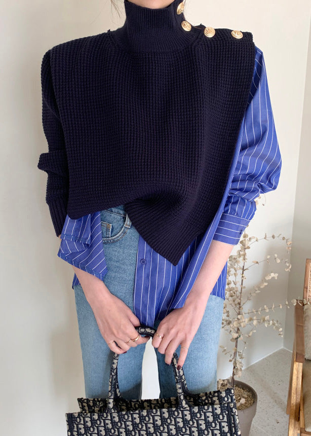 Blue Striped Button Fake Two Pieces Shirt Long Sleeve