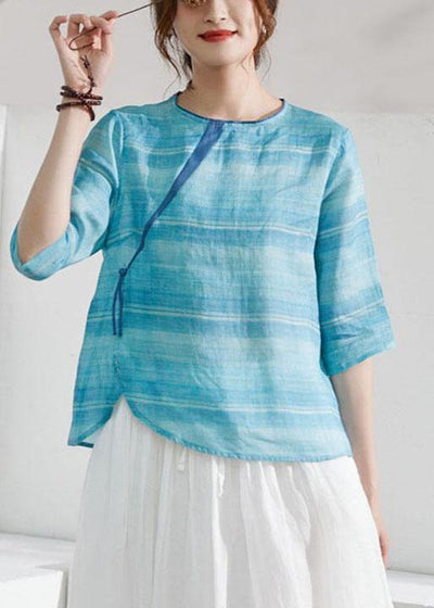 Blue Striped Chinese Style O-Neck Summer Ramie Blouse Half Sleeve - SooLinen