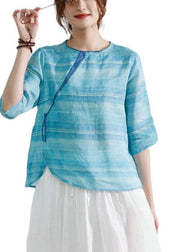 Blue Striped Chinese Style O-Neck Summer Ramie Blouse Half Sleeve - SooLinen
