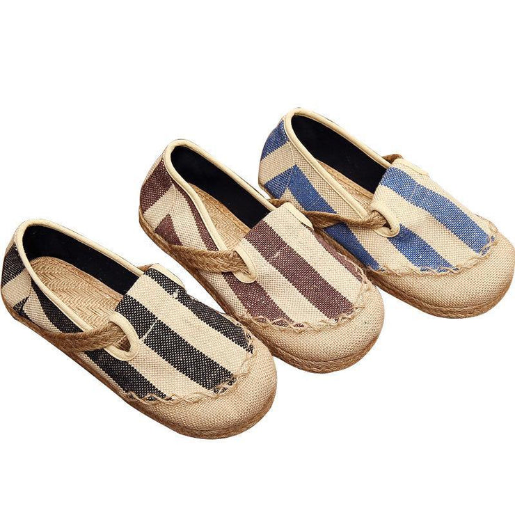 Blue Striped Cotton Fabric Flats Splicing Flat Shoes For Women - SooLinen