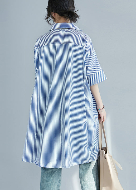 Blue Striped Cotton Shirt Dress Oversized Side Open Summer