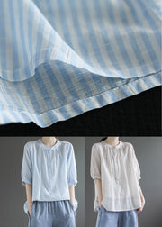 Blue Striped Cotton Shirt Top O-Neck Oversized Half Sleeve