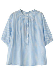 Blue Striped Cotton Shirt Top O-Neck Oversized Half Sleeve