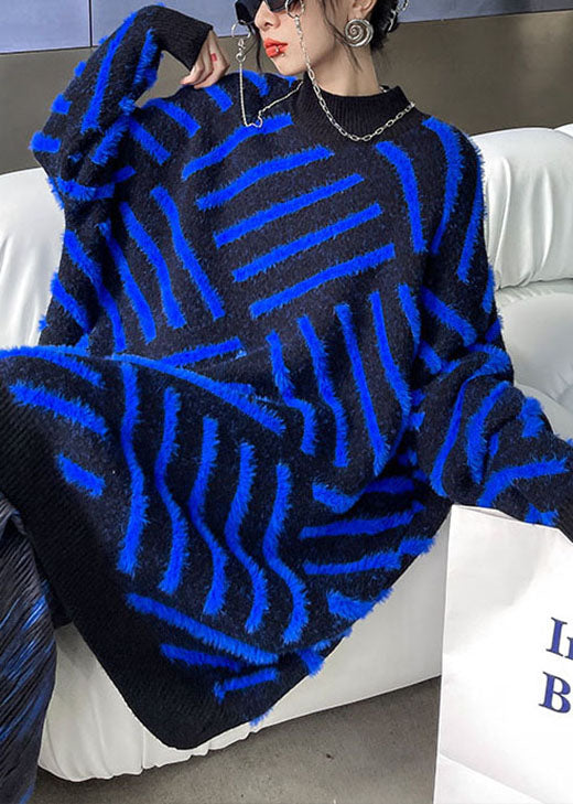 Blue Striped Mink velvet Casual Fall Knit sweaters