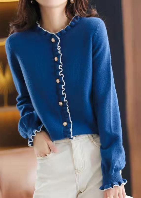 Blue Thick Knit Cardigan Pearl Button Ruffled Winter