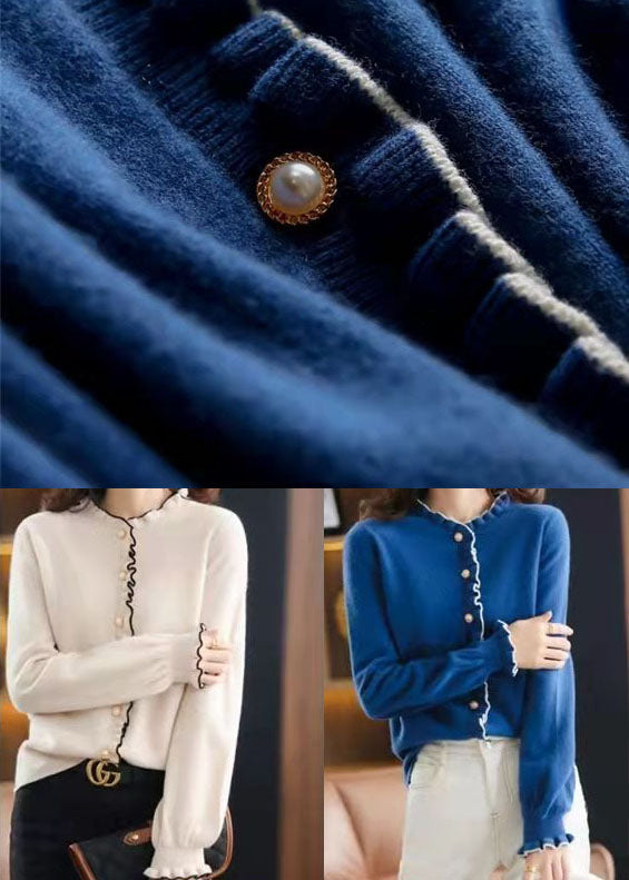Blue Thick Knit Cardigan Pearl Button Ruffled Winter