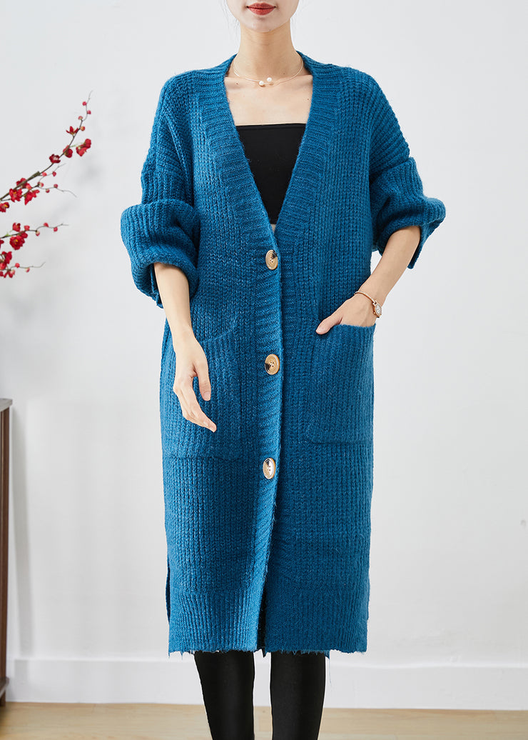Blue Thick Knit Loose Coat Oversized Pockets Fall