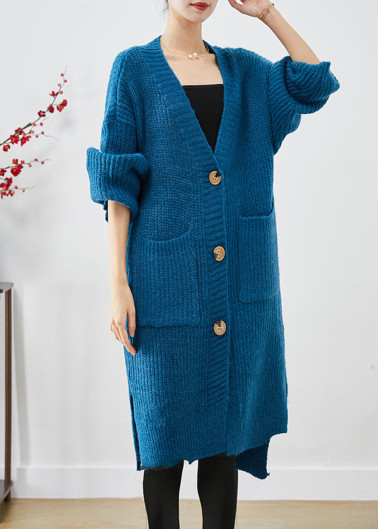Blue Thick Knit Loose Coat Oversized Pockets Fall