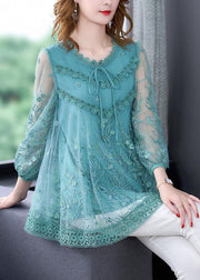 Blue Tulle A Line Top Embroidered Hollow Out Summer