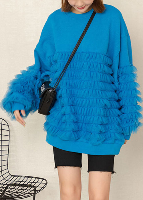 Blue Tulle Patchwork Cotton Top O Neck Long Sleeve