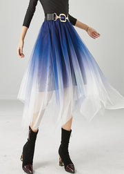 Blue Tulle Vacation Skirts Asymmetrical Gradient Color Summer