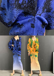Blue V Neck Print Gradient color Silk Dress Long Sleeve