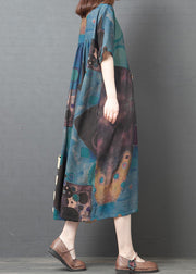 Blue Vintage Cotton Long Dresses asymmetrical design Short Sleeve