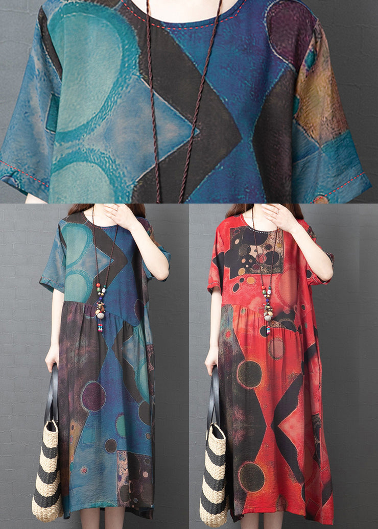 Blue Vintage Cotton Long Dresses asymmetrical design Short Sleeve