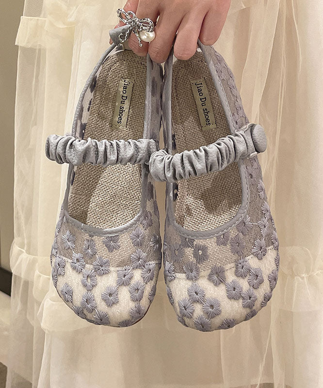 Blue Walking Sandals Women Tulle Embroidery Buckle Strap Splicing