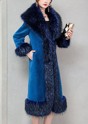 Blue Warm Faux Fur Long Coats Fur Collar Silm Fit Winter