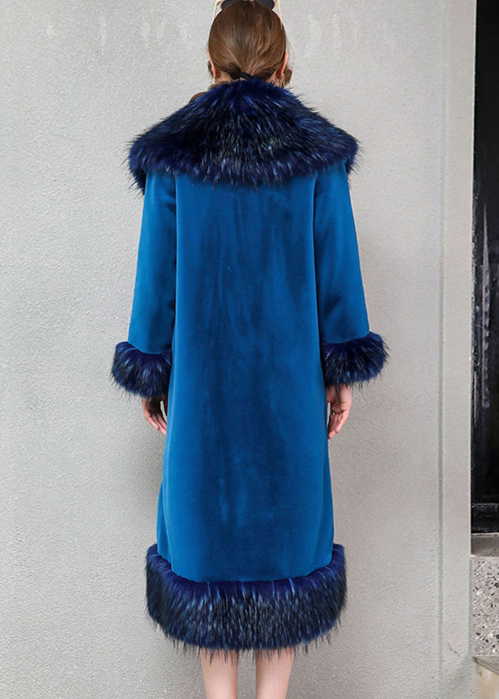 Blue Warm Faux Fur Long Coats Fur Collar Silm Fit Winter