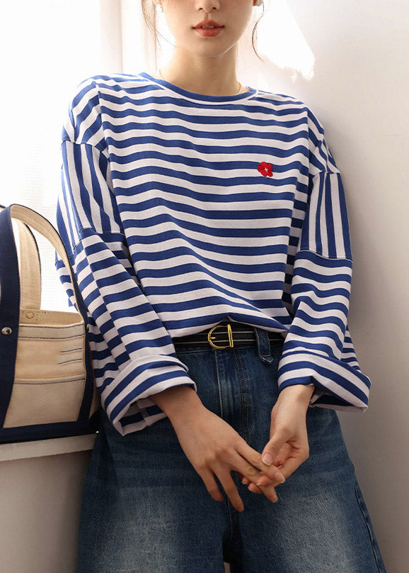 Blue White Striped Embroidered Loose Cotton Top Long Sleeve