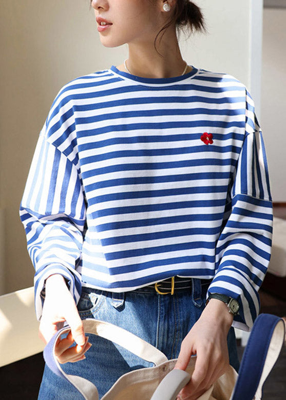 Blue White Striped Embroidered Loose Cotton Top Long Sleeve