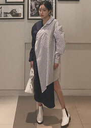 Blau-weiß gestreifter Peter-Pan-Kragen asymmetrisches Patchwork-Knopftaschen-Kleid mit langen Ärmeln