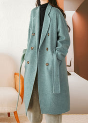 Blue Woolen Coat Sashes Double Breast Fall