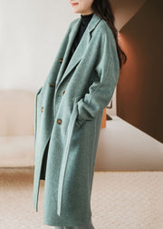 Blue Woolen Coat Sashes Double Breast Fall