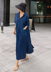 Blue Wrinkled Side Open Linen Dress Short Sleeve