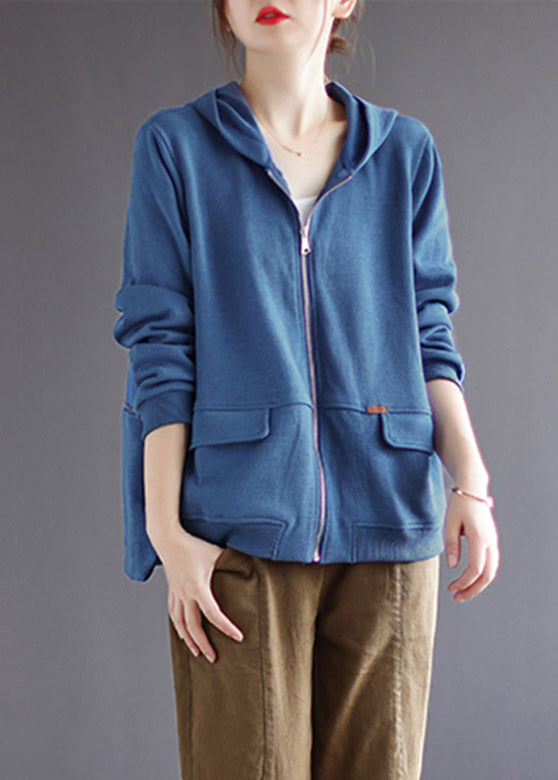 Blue Zippered Cotton Hoodie Coat Long Sleeve