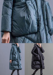 Blue Zippered Duck Down Down Coat Hooded Winter