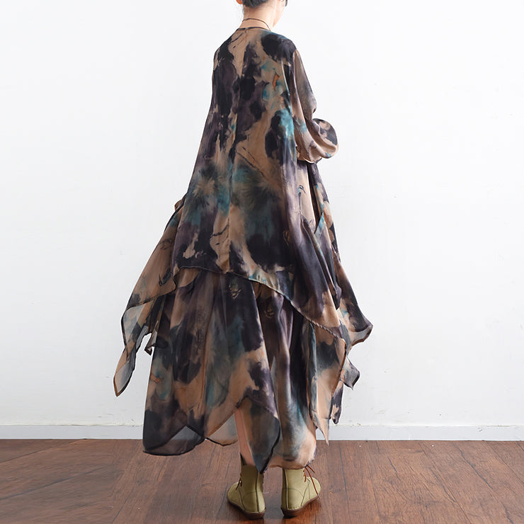 Blue floral silk dresses 2021 baggy maxi dresses caftan gown two pieces asymmetrical design