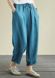 Blue loose casual plus size lace hemp cropped pants - SooLinen