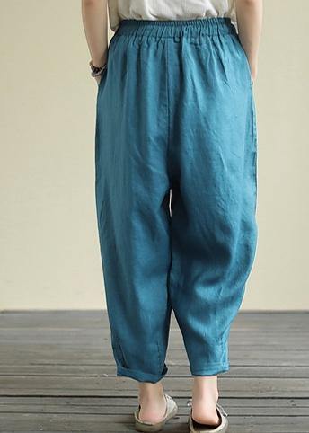 Blue loose casual plus size lace hemp cropped pants - SooLinen