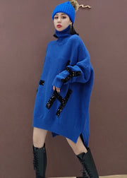 Blaues niedriges hohes Design Strickkleid Pailletten Winter