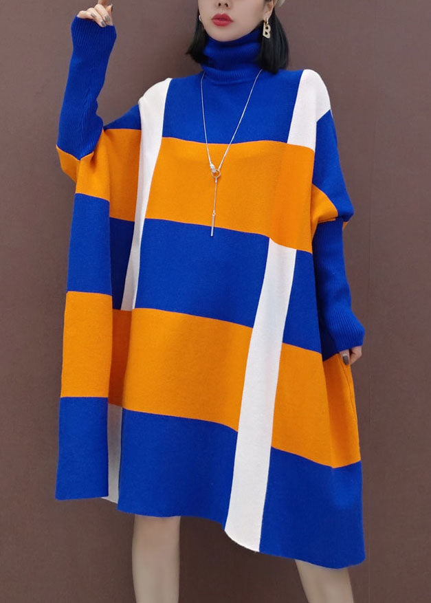 Blue orange Knit Dresses Batwing Sleeve Spring