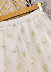 Bohemian Apricot Elastic Waist Embroidered Nail Bead Tulle Skirts Summer
