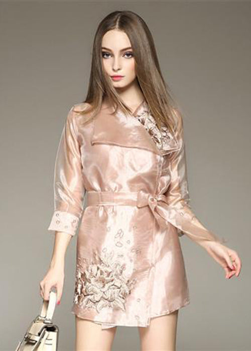 Bohemian Apricot Embroidered Organza Dress And Trench Two Piece Set Outfits Spring