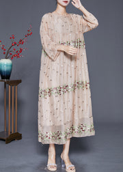 Bohemian Apricot Embroidered Oversized Silk Maxi Dresses Fall