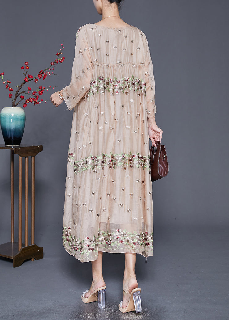 Bohemian Apricot Embroidered Oversized Silk Maxi Dresses Fall