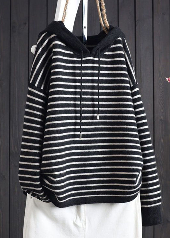 Bohemian Apricot Striped Patchwork Drawstring Hooded Knitted Cotton Thread Sweaters Fall