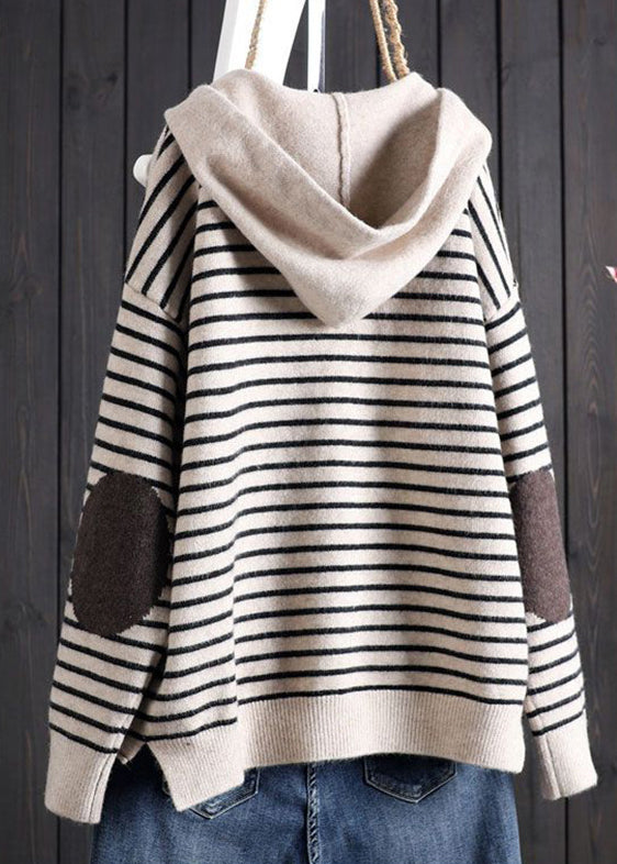Bohemian Apricot Striped Patchwork Drawstring Hooded Knitted Cotton Thread Sweaters Fall