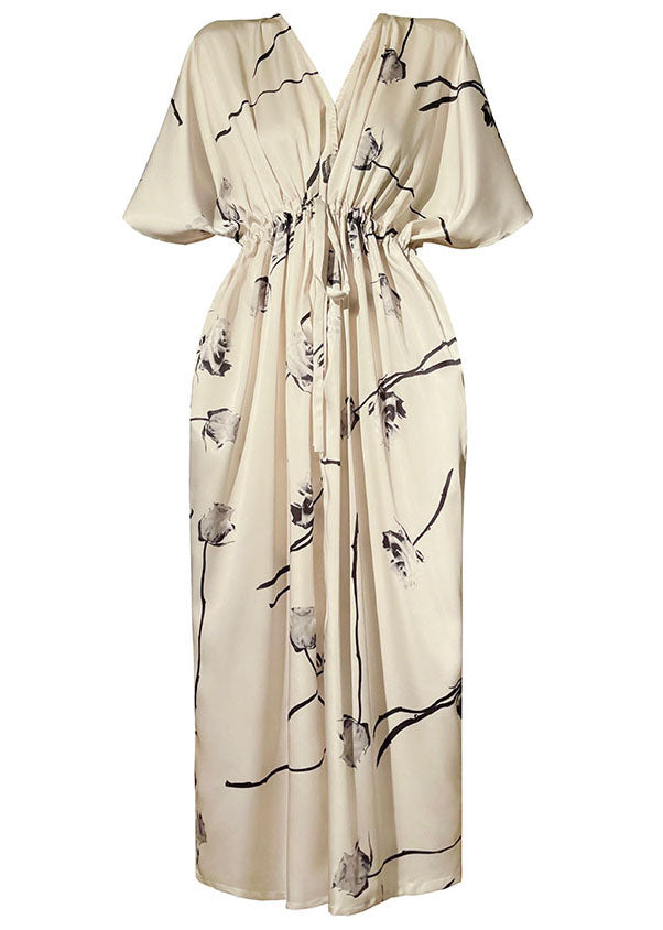 Bohemian Apricot V Neck Ink Print Drawstring Silk Cinch Dresses Summer