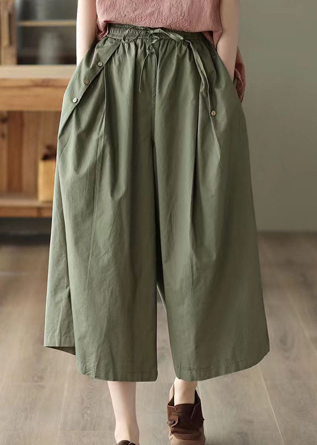 Bohemian Army Green Pockets Patchwork Cotton Crop Pants Summer