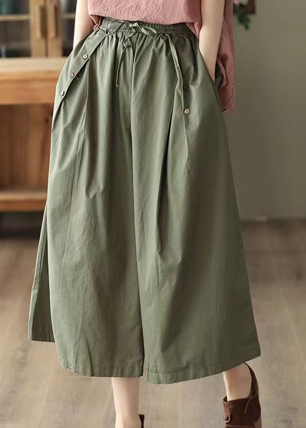 Bohemian Army Green Pockets Patchwork Cotton Crop Pants Summer