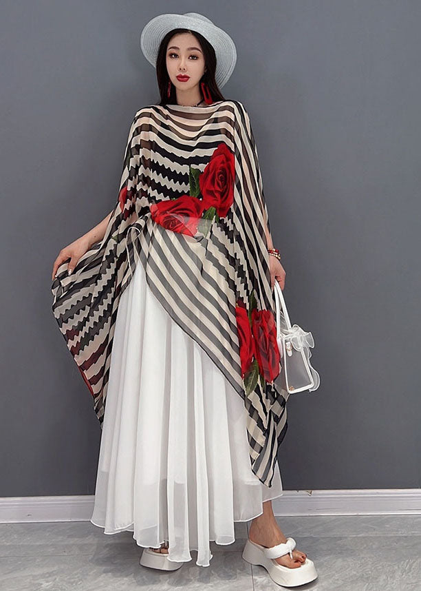 Bohemian Asymmetrical Floral Striped Chiffon Top And Skirt Two Pieces Set Summer