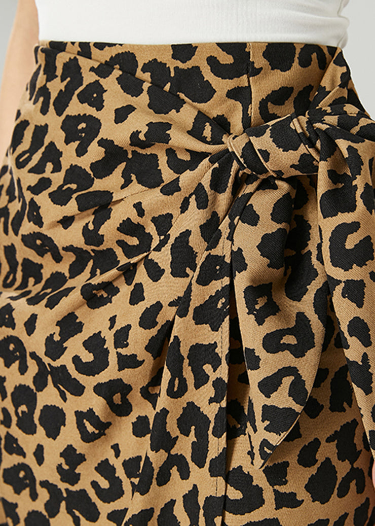 Bohemian Asymmetrical Leopard Print Side Open Cotton Skirt Fall