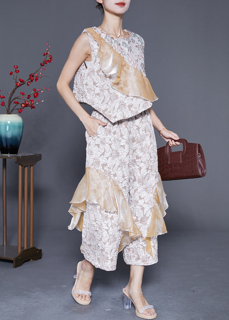 Bohemian Beige Asymmetrical Design Patchwork Silk Two Piece Suit Set Summer