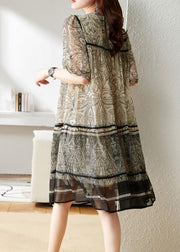 Bohemian Beige O-Neck Print Chiffon Maxi Dress Short Sleeve