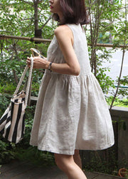 Bohemian Beige O-Neck Wrinkled Cotton Vacation Dress Summer