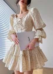 Bohemian Beige Square Collar Ruffled Print Cotton Dress Two Piece Set Long Sleeve