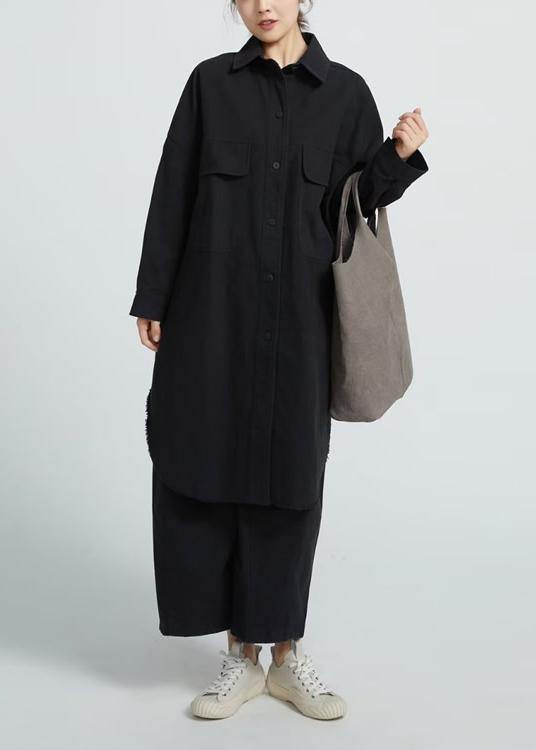 Bohemian Big Pockets Cotton Spring Wardrobes Sewing Black Shirt Dress - SooLinen